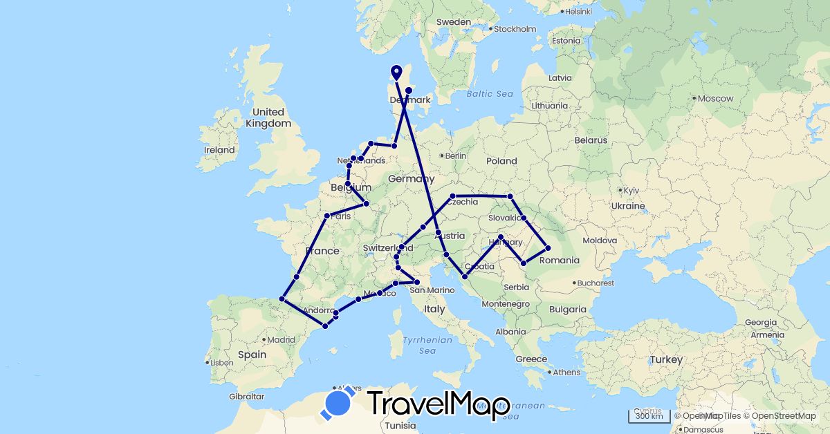 TravelMap itinerary: driving in Austria, Belgium, Switzerland, Czech Republic, Germany, Denmark, Spain, France, Croatia, Hungary, Italy, Luxembourg, Monaco, Netherlands, Poland, Romania, Slovenia, Slovakia (Europe)